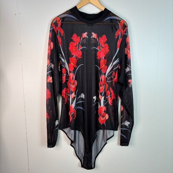 City Chic Tops - City Chic Bodysuit XXL Women's 24 Black Red Floral Sheer Mesh Mock Neck Stretch